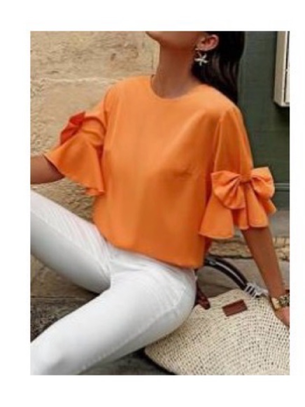 Women's Orange Bow-Sleeve Blouse